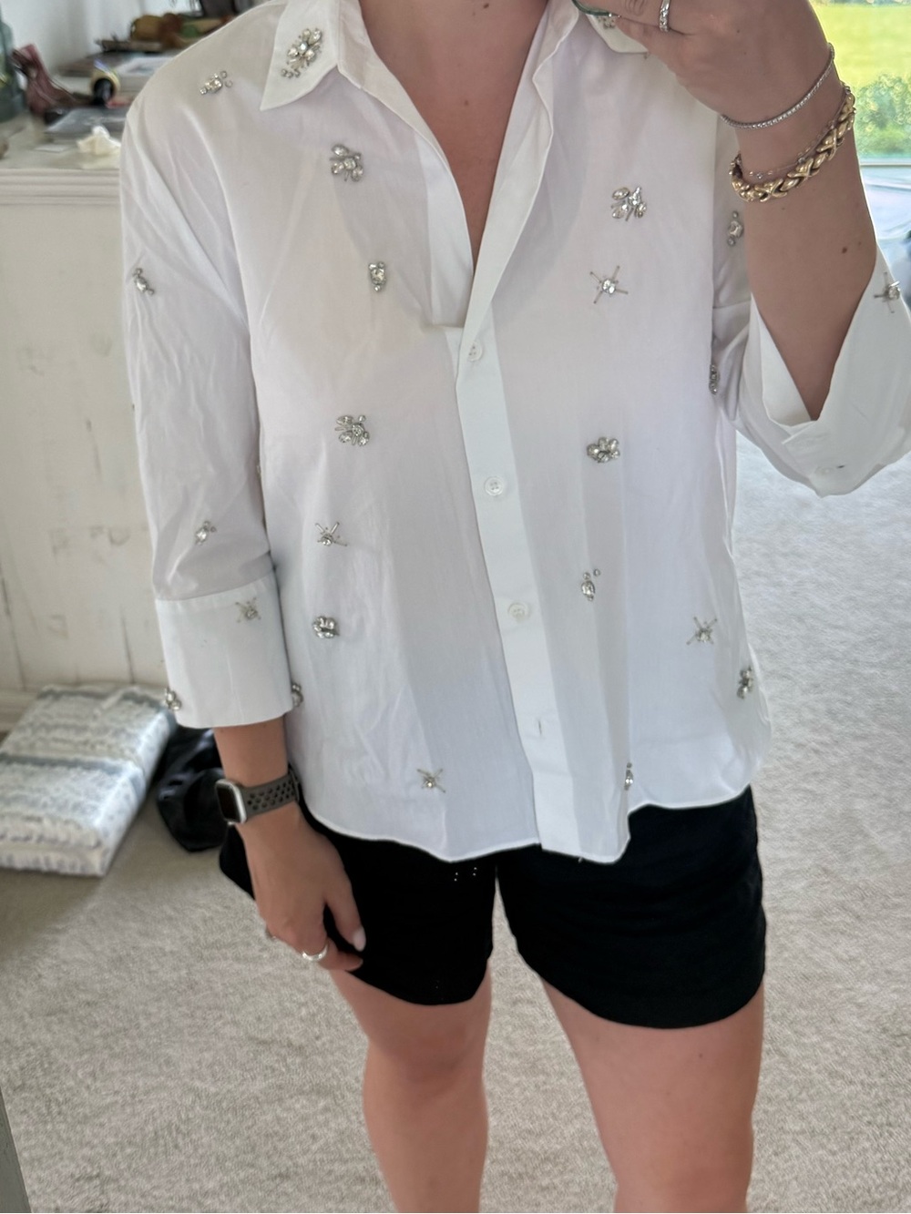 Zara white beaded button up shirt